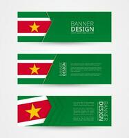 Set of three horizontal banners with flag of Suriname. Web banner design template in color of Suriname flag. vector