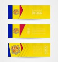 Set of three horizontal banners with flag of Andorra. Web banner design template in color of Andorra flag. vector