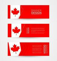 Set of three horizontal banners with flag of Canada. Web banner design template in color of Canada flag. vector