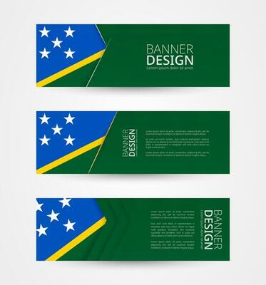 Set of three horizontal banners with flag of Solomon Islands. Web banner design template in color of Solomon Islands flag.