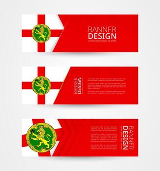 Set of three horizontal banners with flag of Alderney. Web banner design template in color of Alderney flag. vector