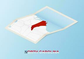 Folded paper map of North Carolina with neighboring countries in isometric style. vector