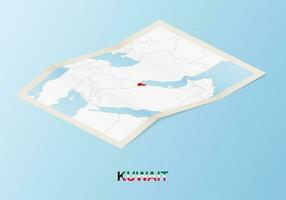 Folded paper map of Kuwait with neighboring countries in isometric style. vector