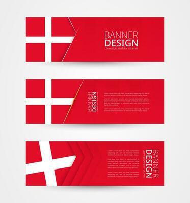 Set of three horizontal banners with flag of Denmark. Web banner design template in color of Denmark flag.