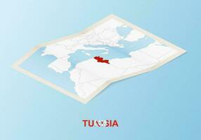 Folded paper map of Tunisia with neighboring countries in isometric style. vector