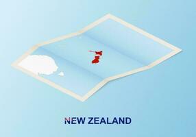 Folded paper map of New Zealand with neighboring countries in isometric style. vector