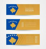 conjunto de Tres horizontal pancartas con bandera de Kosovo. web bandera diseño modelo en color de Kosovo bandera. vector