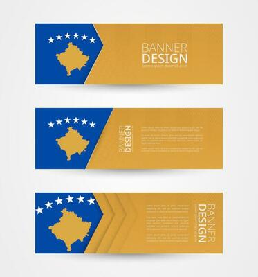 Set of three horizontal banners with flag of Kosovo. Web banner design template in color of Kosovo flag.