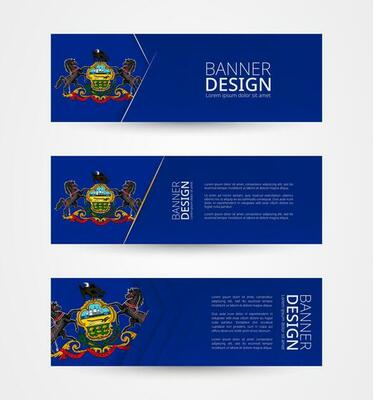 Set of three horizontal banners with US state flag of Pennsylvania. Web banner design template in color of Pennsylvania flag.