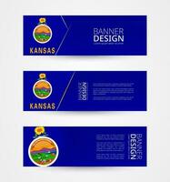 Set of three horizontal banners with US state flag of Kansas. Web banner design template in color of Kansas flag. vector