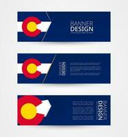 Set of three horizontal banners with US state flag of Colorado. Web banner design template in color of Colorado flag. vector