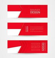 Set of three horizontal banners with flag of Indonesia. Web banner design template in color of Indonesia flag. vector