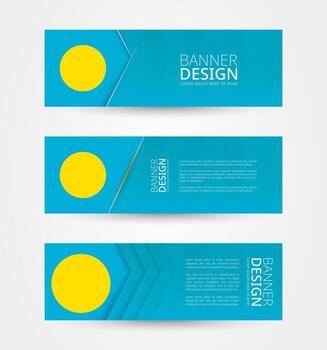 Set of three horizontal banners with flag of Palau. Web banner design template in color of Palau flag. vector