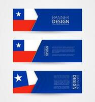 Set of three horizontal banners with flag of Chile. Web banner design template in color of Chile flag. vector