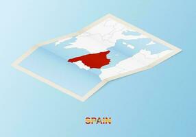 Folded paper map of Spain with neighboring countries in isometric style. vector