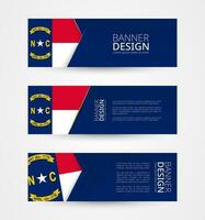 Set of three horizontal banners with US state flag of North Carolina. Web banner design template in color of North Carolina flag. vector