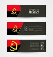 Set of three horizontal banners with flag of Angola. Web banner design template in color of Angola flag. vector