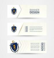 Set of three horizontal banners with US state flag of Massachusetts. Web banner design template in color of Massachusetts flag. vector