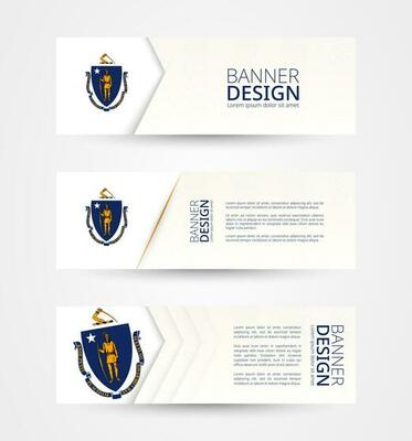 Set of three horizontal banners with US state flag of Massachusetts. Web banner design template in color of Massachusetts flag.