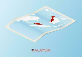 Folded paper map of Malaysia with neighboring countries in isometric style. vector