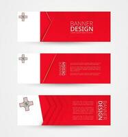 Set of three horizontal banners with flag of Malta. Web banner design template in color of Malta flag. vector