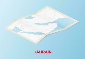 Folded paper map of Bahrain with neighboring countries in isometric style. vector