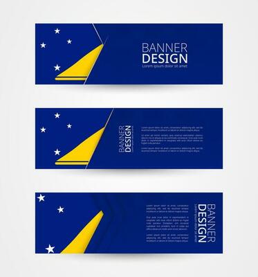 Set of three horizontal banners with flag of Tokelau. Web banner design template in color of Tokelau flag.