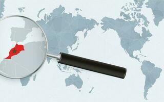 Asia centered world map with magnified glass on Morocco. Focus on map of Morocco on Pacific-centric World Map. vector