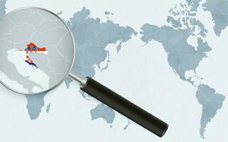 Asia centered world map with magnified glass on Croatia. Focus on map of Croatia on Pacific-centric World Map. vector