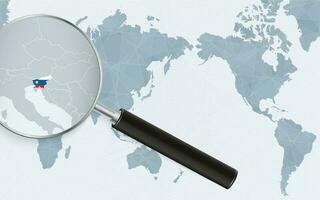 Asia centered world map with magnified glass on Slovenia. Focus on map of Slovenia on Pacific-centric World Map. vector