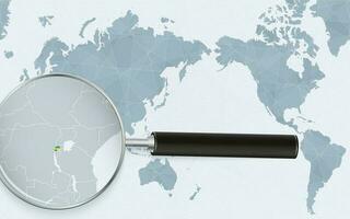 Asia centered world map with magnified glass on Rwanda. Focus on map of Rwanda on Pacific-centric World Map. vector