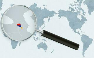 Asia centered world map with magnified glass on Armenia. Focus on map of Armenia on Pacific-centric World Map. vector