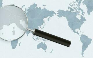 Asia centered world map with magnified glass on Monaco. Focus on map of Monaco on Pacific-centric World Map. vector