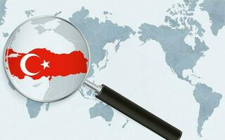 Asia centered world map with magnified glass on Turkey. Focus on map of Turkey on Pacific-centric World Map. vector