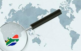 Asia centered world map with magnified glass on South Africa. Focus on map of South Africa on Pacific-centric World Map. vector