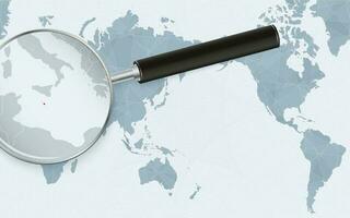 Asia centered world map with magnified glass on Malta. Focus on map of Malta on Pacific-centric World Map. vector