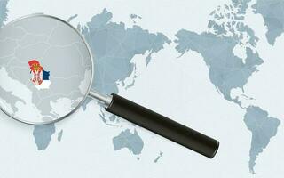 Asia centered world map with magnified glass on Serbia. Focus on map of Serbia on Pacific-centric World Map. vector