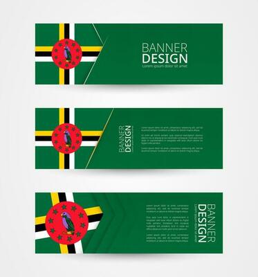 Set of three horizontal banners with flag of Dominica. Web banner design template in color of Dominica flag.