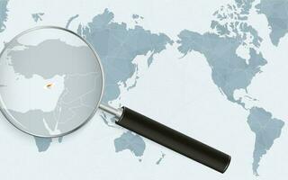 Asia centered world map with magnified glass on Cyprus. Focus on map of Cyprus on Pacific-centric World Map. vector