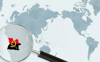 Asia centered world map with magnified glass on Angola. Focus on map of Angola on Pacific-centric World Map. vector