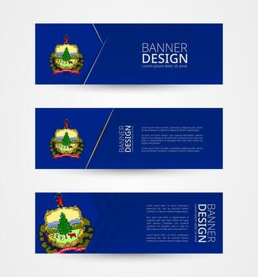 Set of three horizontal banners with US state flag of Vermont. Web banner design template in color of Vermont flag.