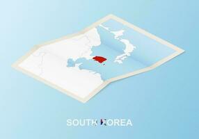 Folded paper map of South Korea with neighboring countries in isometric style. vector