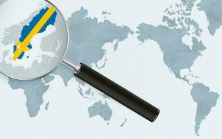 Asia centered world map with magnified glass on Sweden. Focus on map of Sweden on Pacific-centric World Map. vector