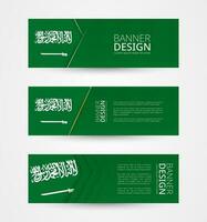 conjunto de Tres horizontal pancartas con bandera de saudi arabia web bandera diseño modelo en color de saudi arabia bandera. vector