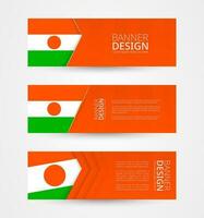 Set of three horizontal banners with flag of Niger. Web banner design template in color of Niger flag. vector