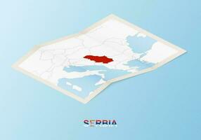 Folded paper map of Serbia with neighboring countries in isometric style. vector