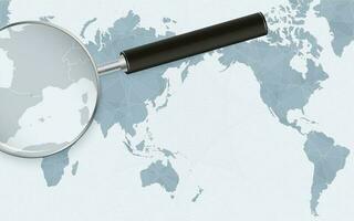 Asia centered world map with magnified glass on Andorra. Focus on map of Andorra on Pacific-centric World Map. vector