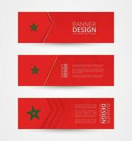 Set of three horizontal banners with flag of Morocco. Web banner design template in color of Morocco flag. vector