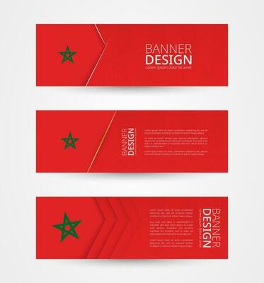 Set of three horizontal banners with flag of Morocco. Web banner design template in color of Morocco flag.