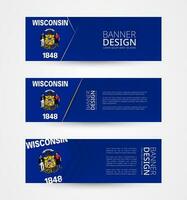 Set of three horizontal banners with US state flag of Wisconsin. Web banner design template in color of Wisconsin flag. vector